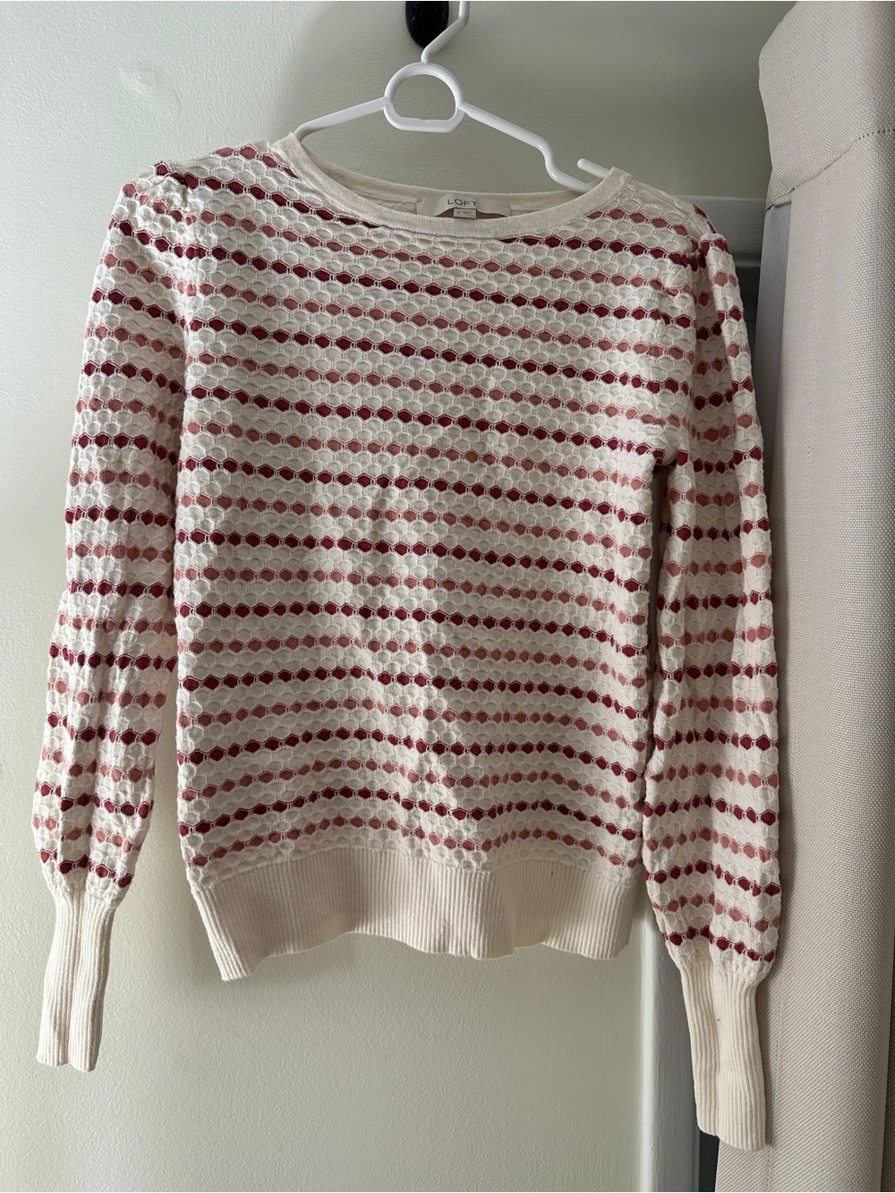 LOFT Cream and Burgundy Dot-Stripe Knit Sweater